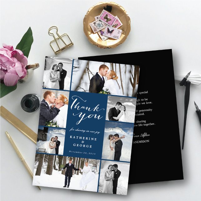 Modern Classy Script 8 Multi Photo Snyggt Bröllop Tack Kort (Modern Classy Script 8 Multi Photo Collage Stylish Wedding Thank You Card @ fatfatin_blue_knot)