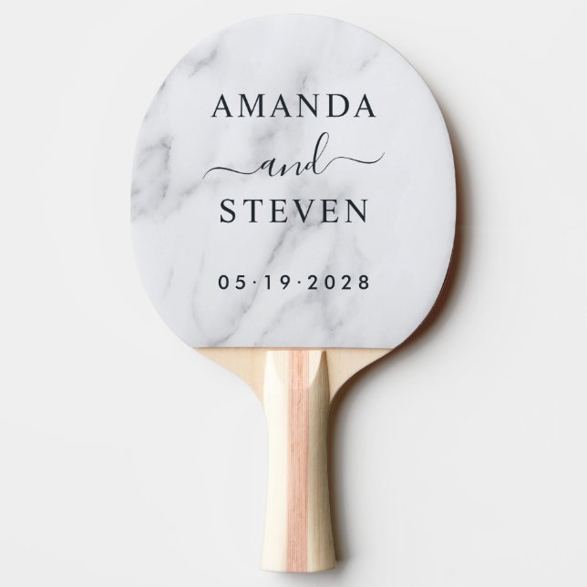 Modern Clean White Couple Names with Wedding Date Pingisracket (Baksidan)