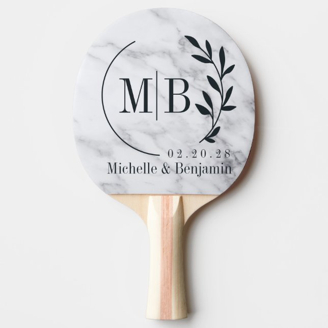 Modern Clean White Marble Leaf Wedding Monogram Pingisracket (Framsidan)