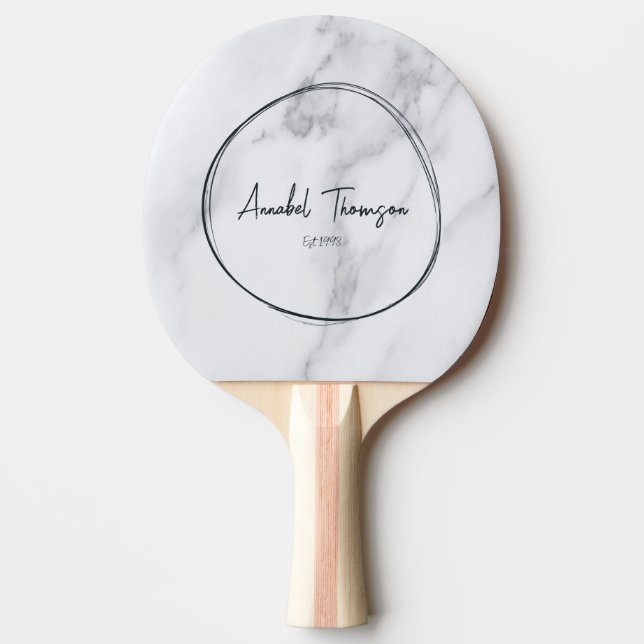 Modern Clean White Marble Name in Drawn Circle  Pingisracket (Framsidan)