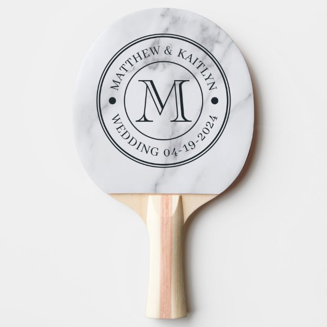 Modern Clean White Marble Wedding Monogram Pingisracket (Framsidan)