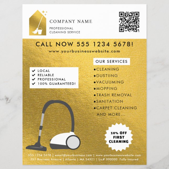 Modern Cleaning Cleaner Service Logotyp Guld QR-ko Reklamblad (Framsidan)