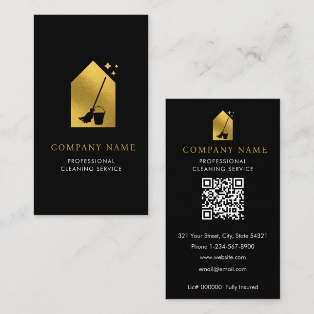 Modern Cleaning Cleaner Service Logotyp Guld QR-ko Visitkort (Fram/baksida)