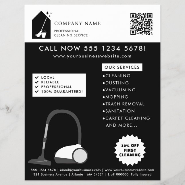 Modern Cleaning Cleaner Service Logotyp Svart QR-k Reklamblad (Framsidan)