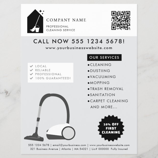 Modern Cleaning Cleaner Services Logotyp Grå QR-ko Reklamblad (Framsidan)