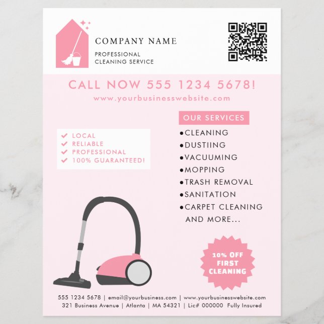 Modern Cleaning Cleaner Services Logotyp Rosa QR-k Reklamblad (Framsidan)