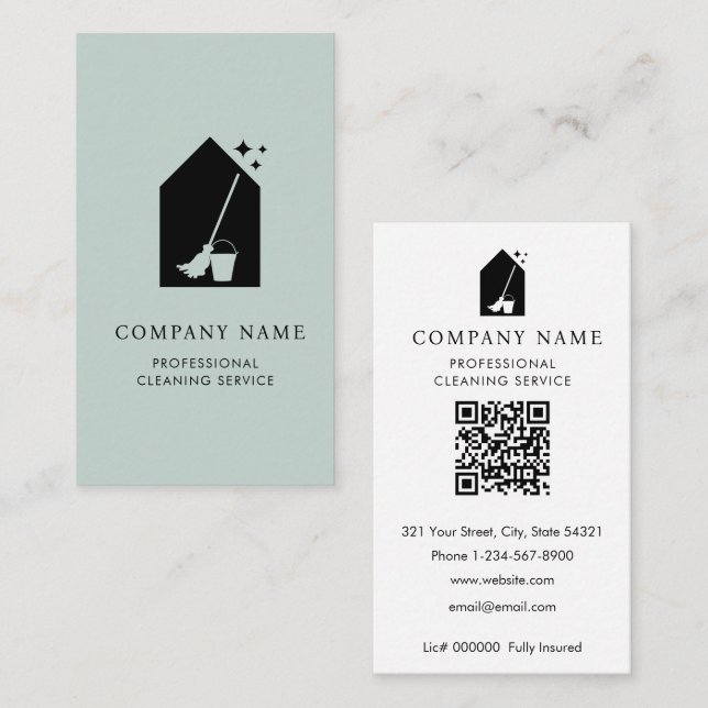 Modern Cleaning Cleaner Services Logotyp Teal QR-k Visitkort (Fram/baksida)