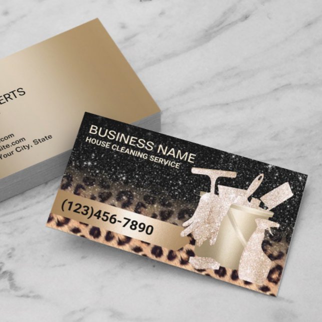 Modern Cleaning Service Leopard & Gold Glitter  Visitkort (Skapare uppladdad)