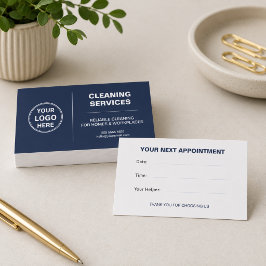Modern Cleaning Services Logotyp Navyblå Tidsbeställning Kort