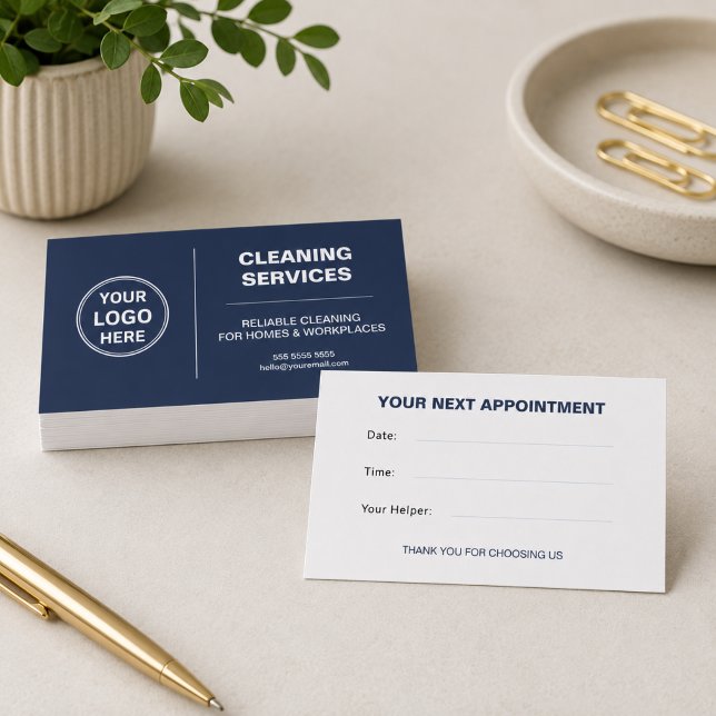 Modern Cleaning Services Logotyp Navyblå Tidsbeställning Kort (Modern Cleaning Services Logo Navy Blue Appointment Card)