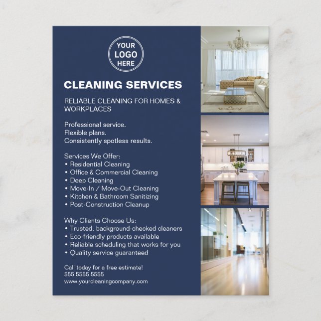 Modern Cleaning Services Photo Logo Navy Blue Flygblad (Framsidan)
