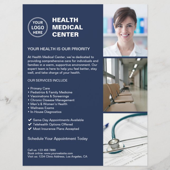 Modern Clinical Doktor Healthcare Logotyp Navy Blu Reklamblad (Framsidan)