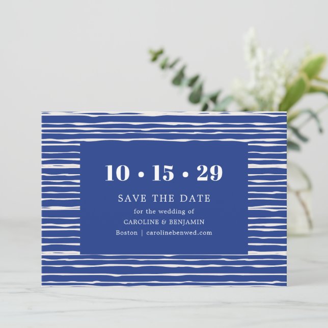 Modern Coastal Blue Stripe Wedding Spara Datumet (Stående Fram)