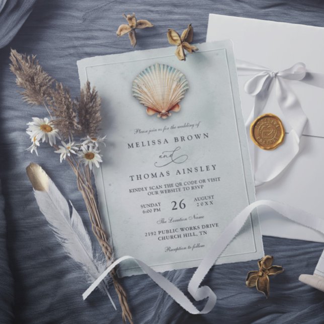 Modern Coastal Seashell Aqua QR Code Wedding Inbjudningar (Skapare uppladdad)