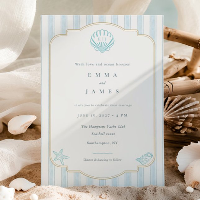 Modern Coastal Seashell Nautical Striped Wedding Inbjudningar (Skapare uppladdad)