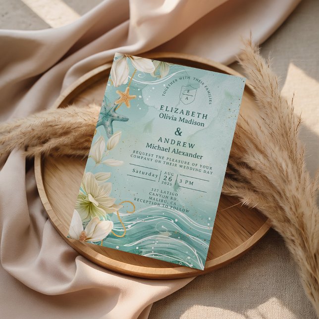 Modern Coastal Wave Floral Wedding Inbjudningar (Skapare uppladdad)