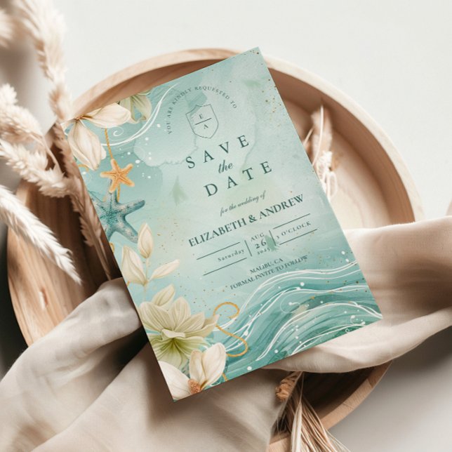 Modern Coastal Wave Floral Wedding Spara Datumet (Skapare uppladdad)