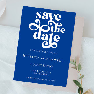 Modern Cobalt Blue Retro Typography Wedding Spara Datumet