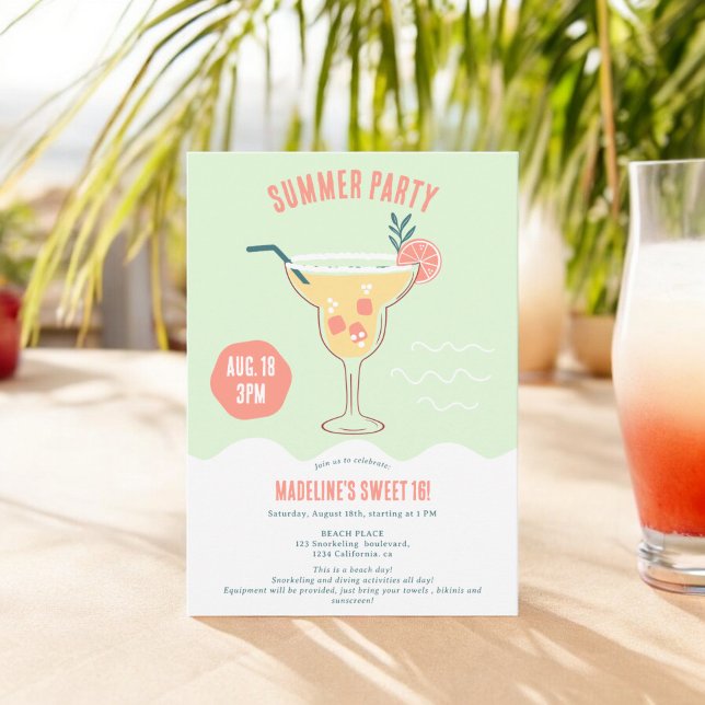 Modern Cocktail-illustration sommarstrand Sweet 16 Inbjudningar (Modern Cocktail illustration summer beach Sweet 16 Invitation)