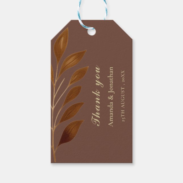 Modern Coffee Brown och Guld Löv bröllopsförmån Presentetikett (Framsidan)