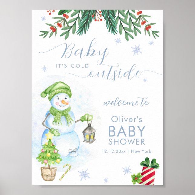 Modern Cold Outside Snowman Baby Shower Welcome Poster (Framsidan)