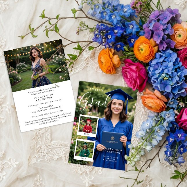 Modern Collage 4 Foto Tidslinje Examen TMF26 Inbjudningar (Modern Script Collage 4 Photos Timeline Graduation Party Invitation Card with Funny FINALLY, GRAD.)