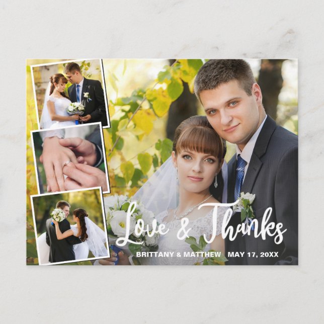 Modern Collage 4 Photo Bröllop Tack Vykort (Framsida)