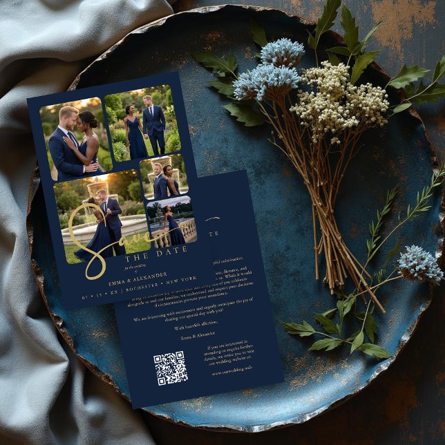 Modern Collage 5-Photo Wedding Navy Blue Spara Datumet (Modern Collage Wedding 5-Photos Navy Blue & Faux Gold Script Typography Save the Date Card Design.)