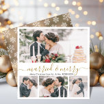 Modern Collage Married and God jul Card Julkort<br><div class="desc">Elegant Modern Calligraphy White och Guld 4 Photo Collage Married och God jul Card. Detta mimalistiska nya julklapp med kort för nyfödda barn har fyra (4) rutnätsfotosamlingar och texten "Married and Merry" hälsning som är skriven i en vacker handskriven, snabb swash-svan-typsnitt i guld och vitt. På baksidan av söt snowy...</div>