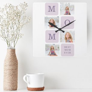 Modern Collage Photo Best Mamma Lila Gift Fyrkantig Klocka