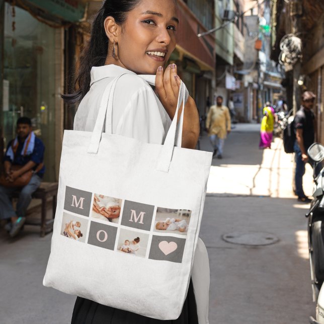 Modern Collage Photo Best Mamma Rosa & Grått Gift Tygkasse (Skapare uppladdad)