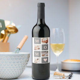 Modern Collage Photo Best Mamma Rosa & Grått Gift Vinflaska Etikett
