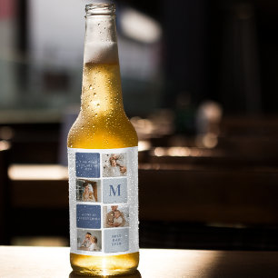 Modern Collage Photo & Blue Lycklig Fars dag Gift Ölflaska Etikett