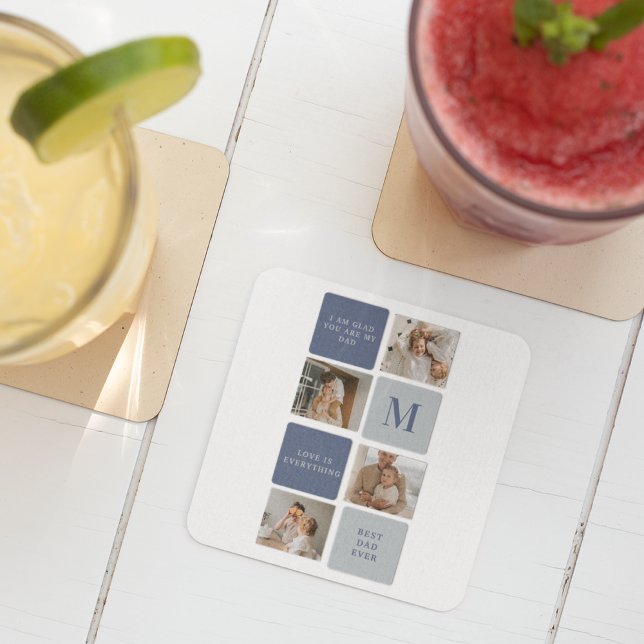 Modern Collage Photo & Blue Lycklig Fars dag Gift Underlägg Papper Kvadrat (Skapare uppladdad)