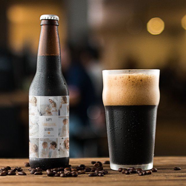 Modern Collage Photo Happy thanksgiving Grandpa Ölflaska Etikett (Skapare uppladdad)