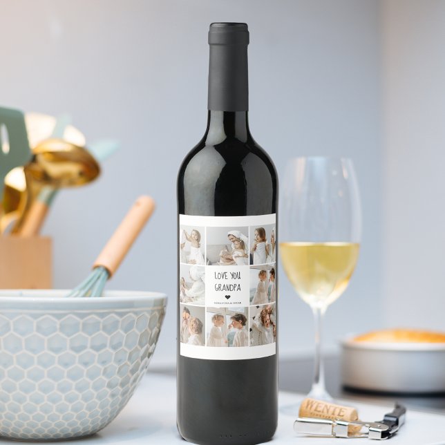 Modern Collage Photo Kärlek You Grandpa Best Gift Vinflaska Etikett (Skapare uppladdad)