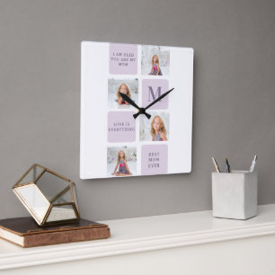 Modern Collage Photo Mors dag Lila Gift Fyrkantig Klocka