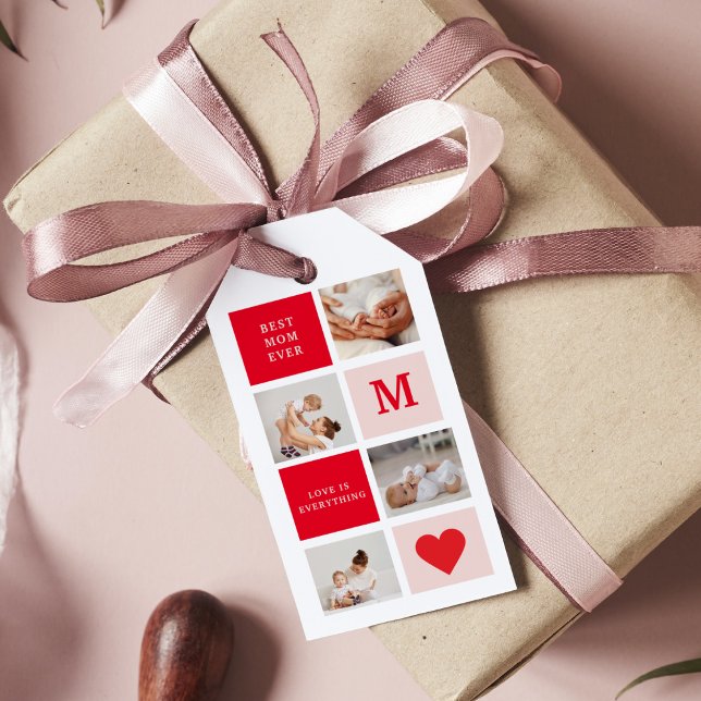 Modern Collage Photo Red & Rosa Best Mamma någonsi Presentetikett (Skapare uppladdad)