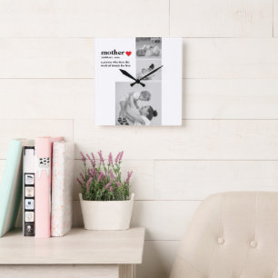 Modern Collage Photo & Text Red Heart Mor Gift Fyrkantig Klocka