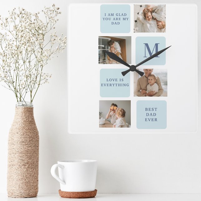 Modern Collage Photos Blue Best Far Gift Fyrkantig Klocka (Skapare uppladdad)