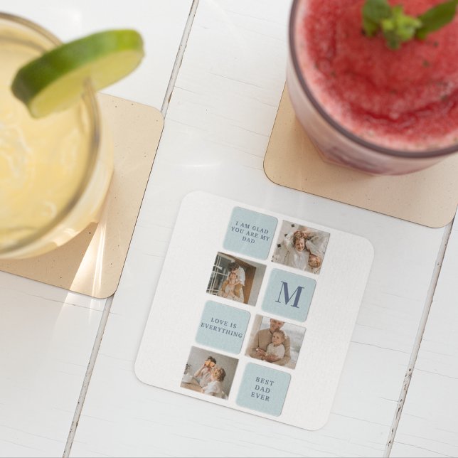 Modern Collage Photos Blue Best Far Gift Underlägg Papper Kvadrat (Skapare uppladdad)