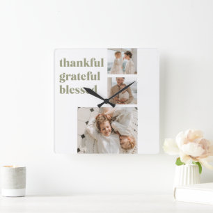 Modern Collage Three Photo   Happy thanksgiving Sq Fyrkantig Klocka