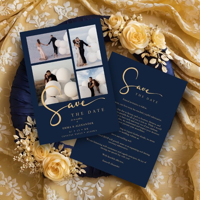 Modern Collage Wedding Navy Blue & Faux Gold Scrip Spara Datumet (Modern Collage Wedding Navy Blue & Faux Gold Script Typography Save the Date Card with Envelope.)