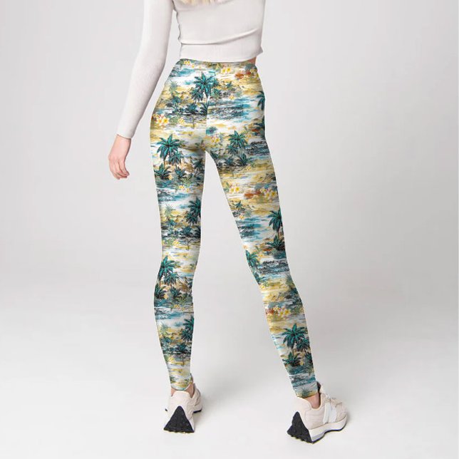 Modern Colorful Blue Gult Tropical Hawaii Island Leggings (Modern Colorful Blue Yellow Tropical Haiwaii Island Pattern Printed Leggings)