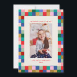 Modern Colorful Checkered Border Family Photo Julkort<br><div class="desc">Send festive cheer with this modern holiday photo card featuring a colorful checkered border in shades of red, green, pink, blue, and gold. The playful yet polished design is perfect for families who love bold color and contemporary style. All text is fully customizable, allowing you to personalize your greeting and...</div>