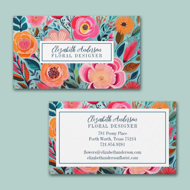 Modern Colorful Flowers Pink Teal Visitkort (Beautiful bright floral business cards. Personalize them with your name and information. )