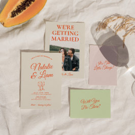 Modern Colorful Hand plockade Retro Roligt Bröllop Inbjudningar