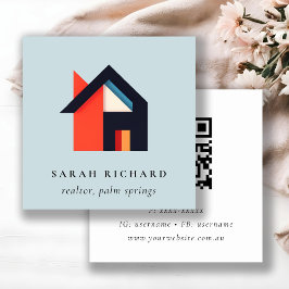 Modern Colorful House Logo Realtor Blue QR Code Fyrkantigt Visitkort