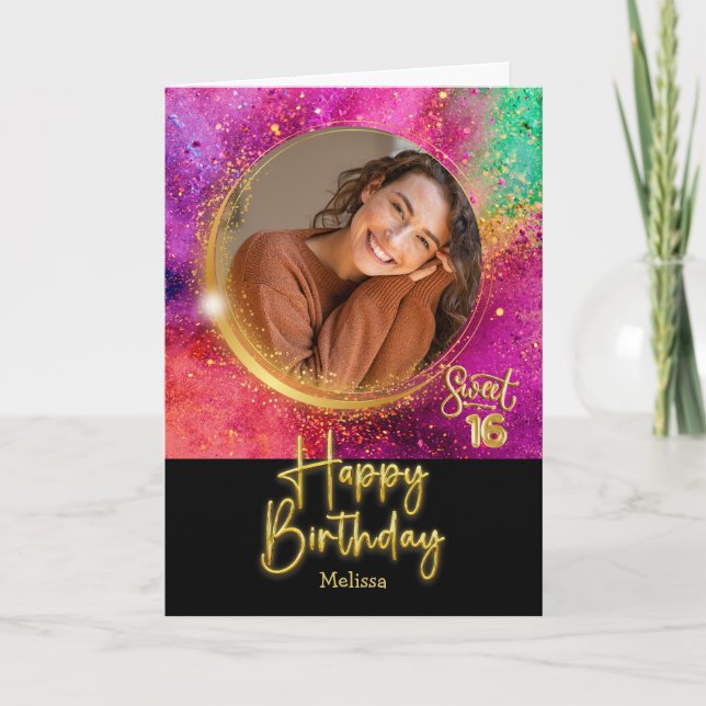 Modern Colorful Sweet 16 Photo & Name Birthday Kort (Framsida)