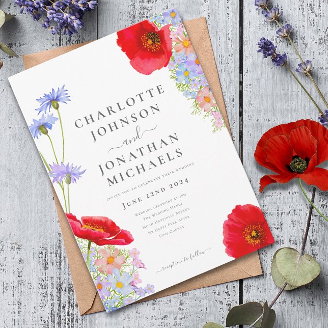 Modern Colorful Wildblomma Bröllop Inbjudningar (Modern colorful wildflower wedding invitation with red poppy )